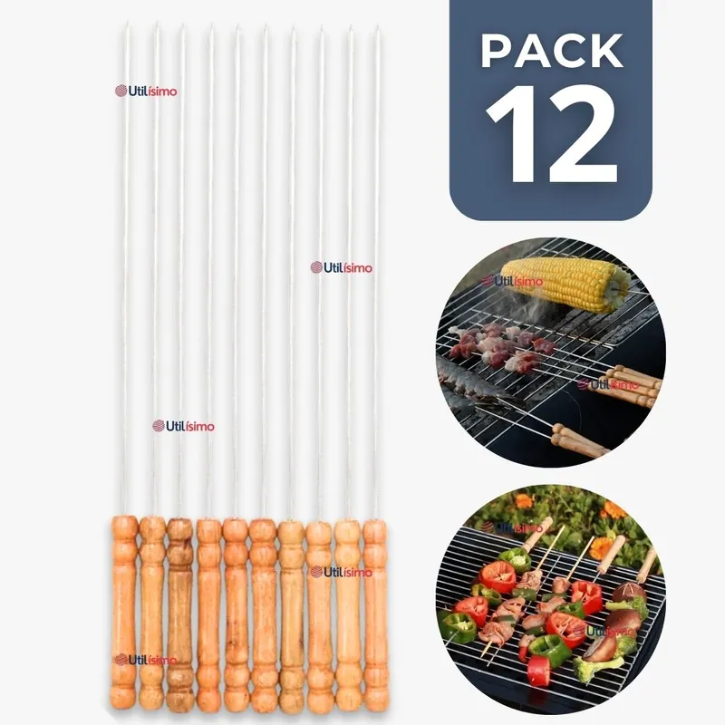LINE - Pack 12 Pinchos De 40cm Para Anticuchos Brochetas Asados Mango Madera