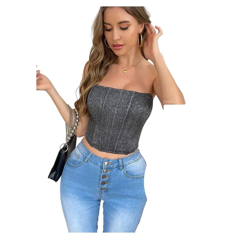 GARSIL - Crop Top Estilo Corset Elasticado Con Brillos Para Mujer Sin Mangas