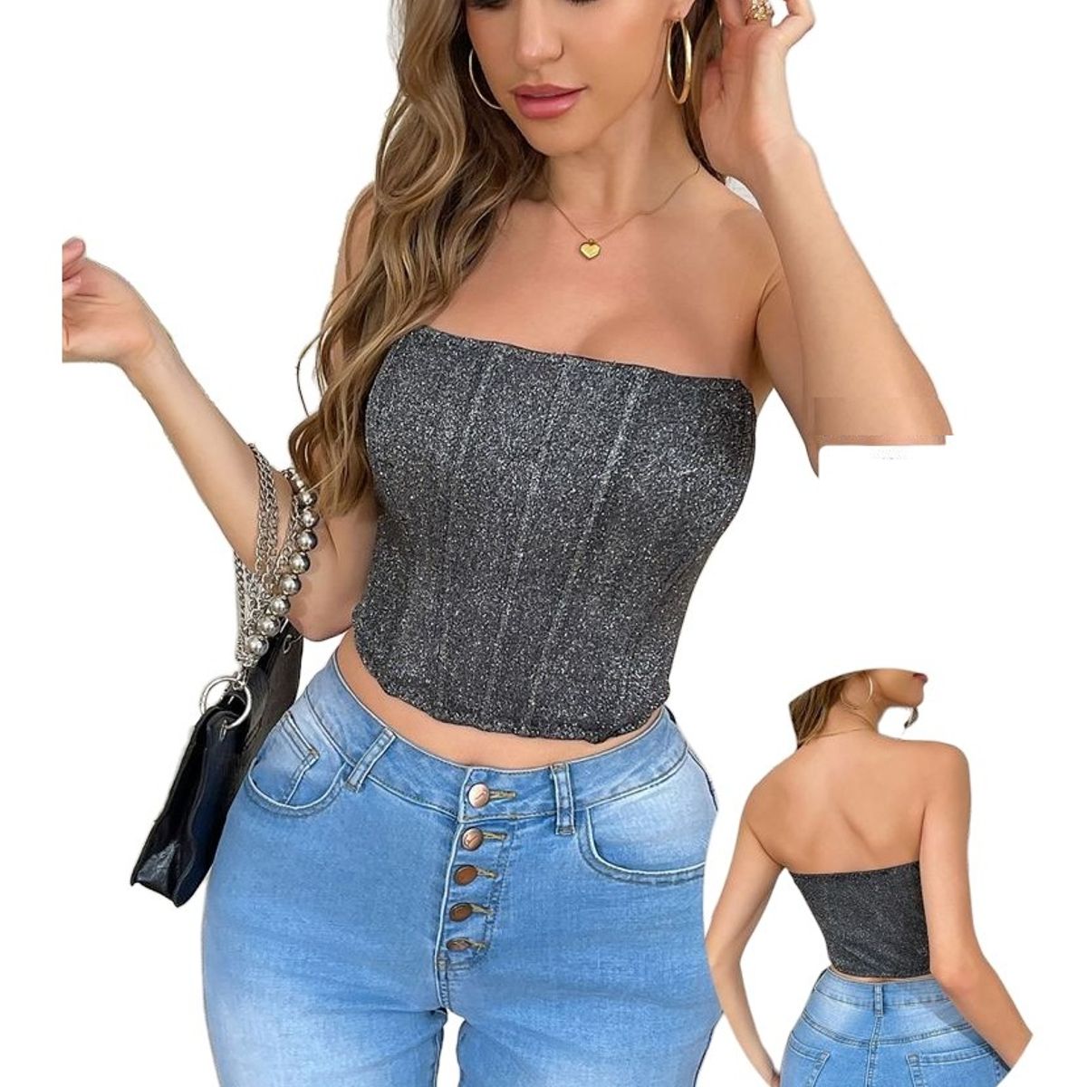 GARSIL - Crop Top Estilo Corset Elasticado Con Brillos Para Mujer Sin Mangas