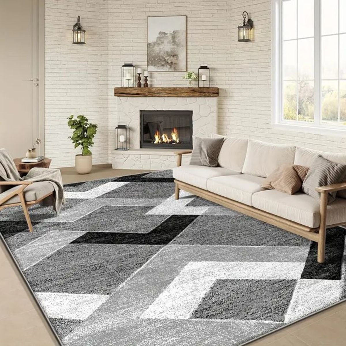 GENERICO - Alfombra rectangular 3D con diseño zig zag gris de 200x240cm GS