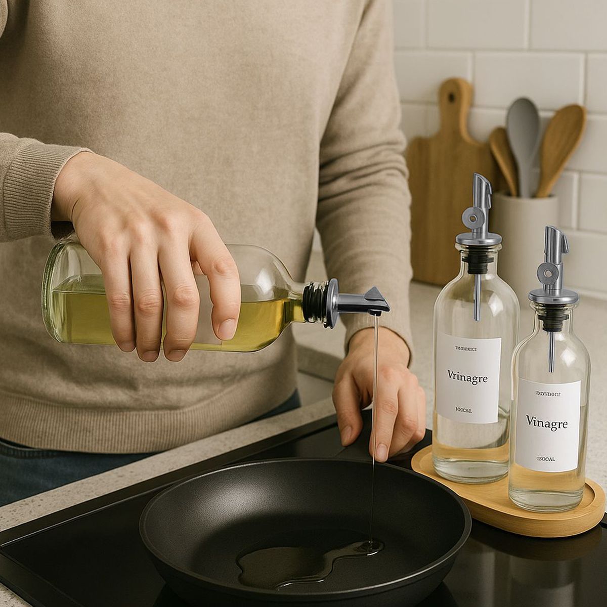 VENHOOUSE - Set 2 Botellas Vidrio Aceite Con Base Bambú Dispensador