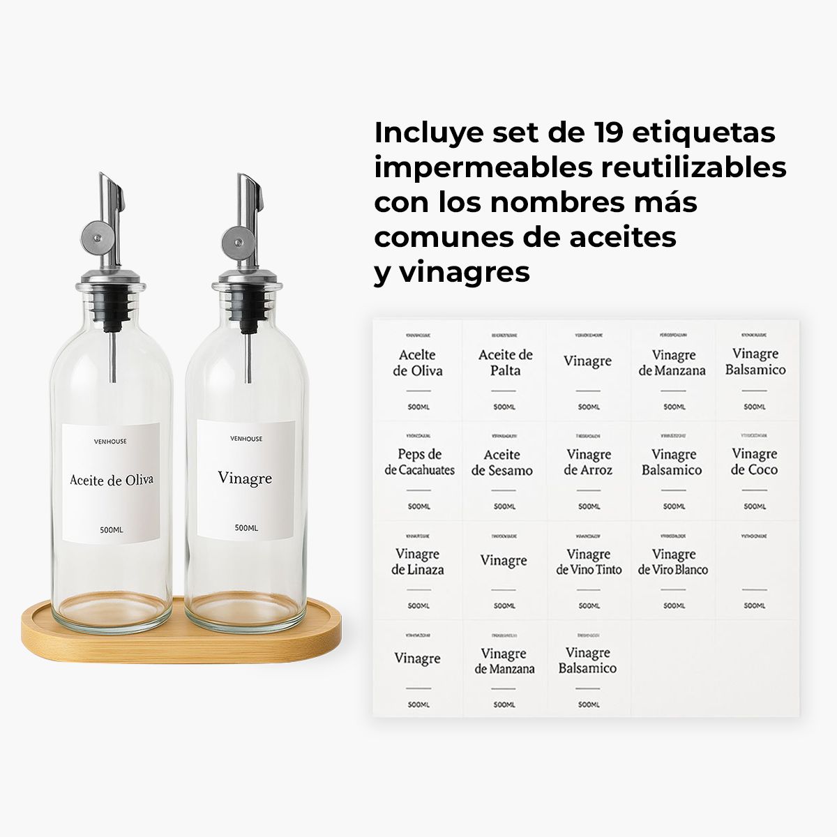 VENHOOUSE - Set 2 Botellas Vidrio Aceite Con Base Bambú Dispensador