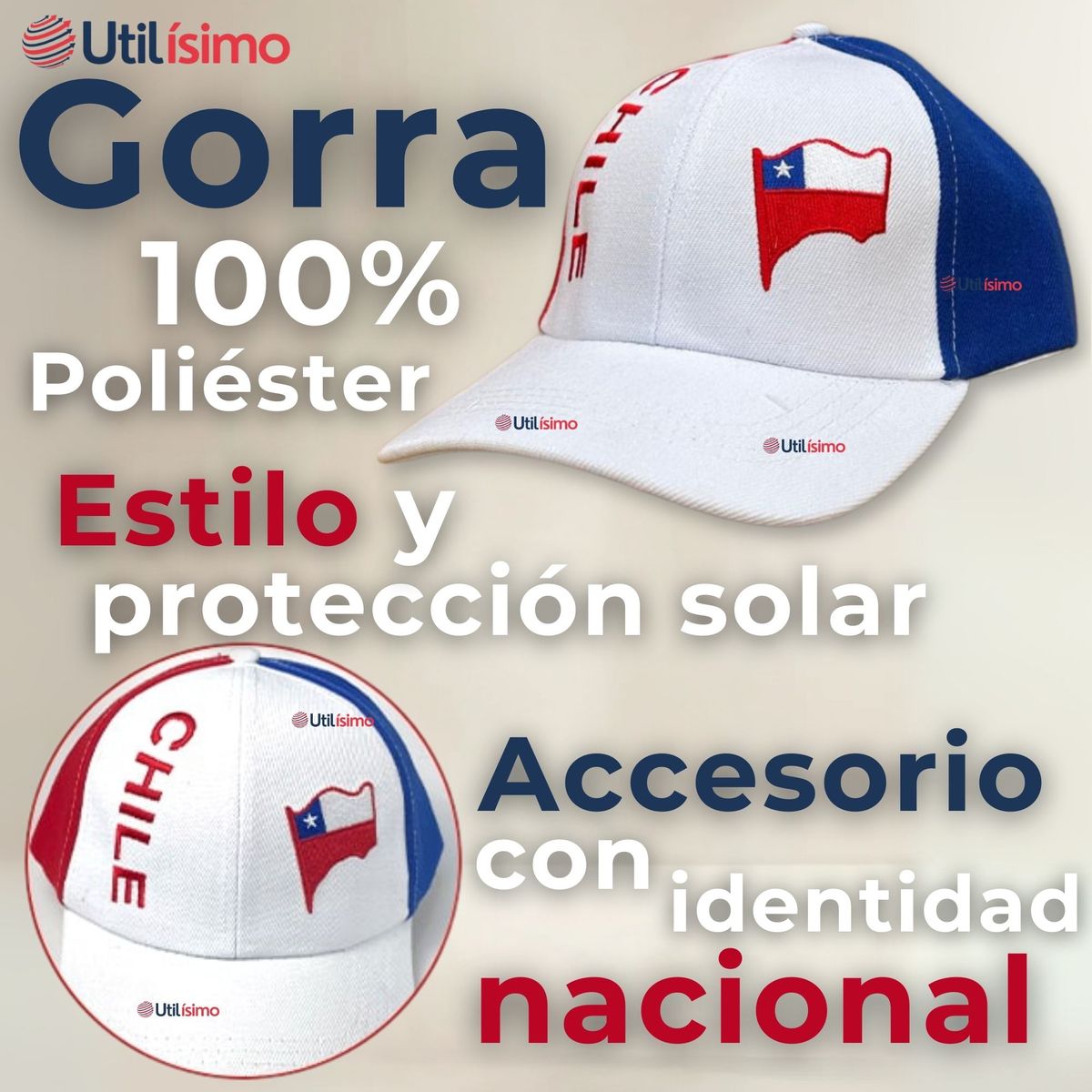 UTILISIMO - Gorro Jockey Talla Única Alta Calidad Poliéster Estampado Chileno