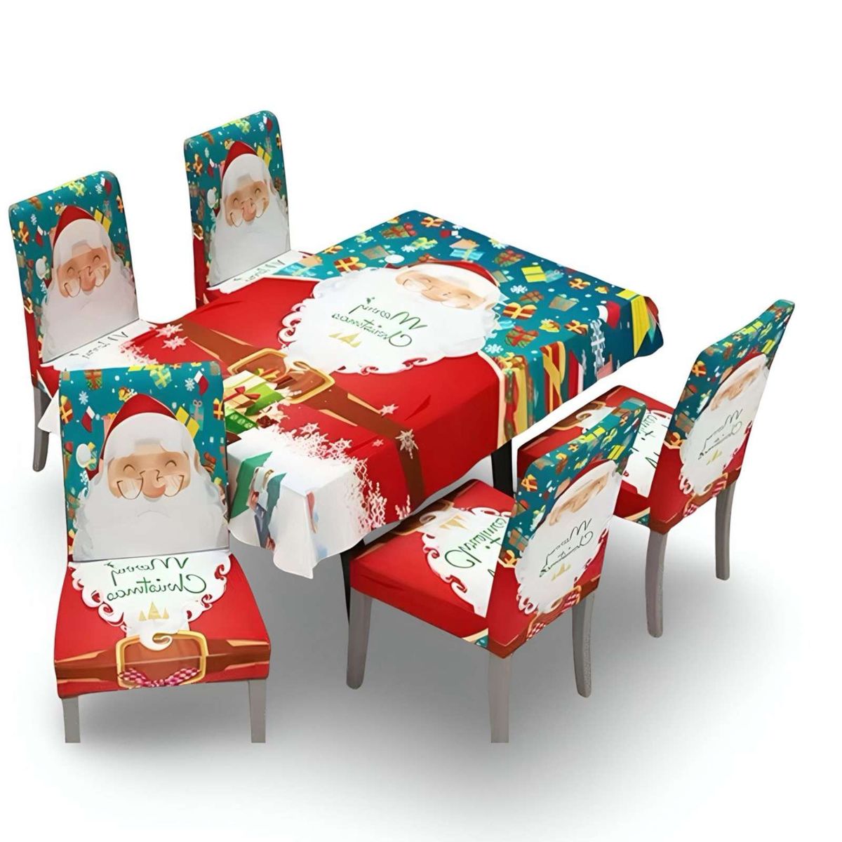 GENERICO - Set Mantel más 6 fundas de sillas antimanchas navideño 140x220 cm 05