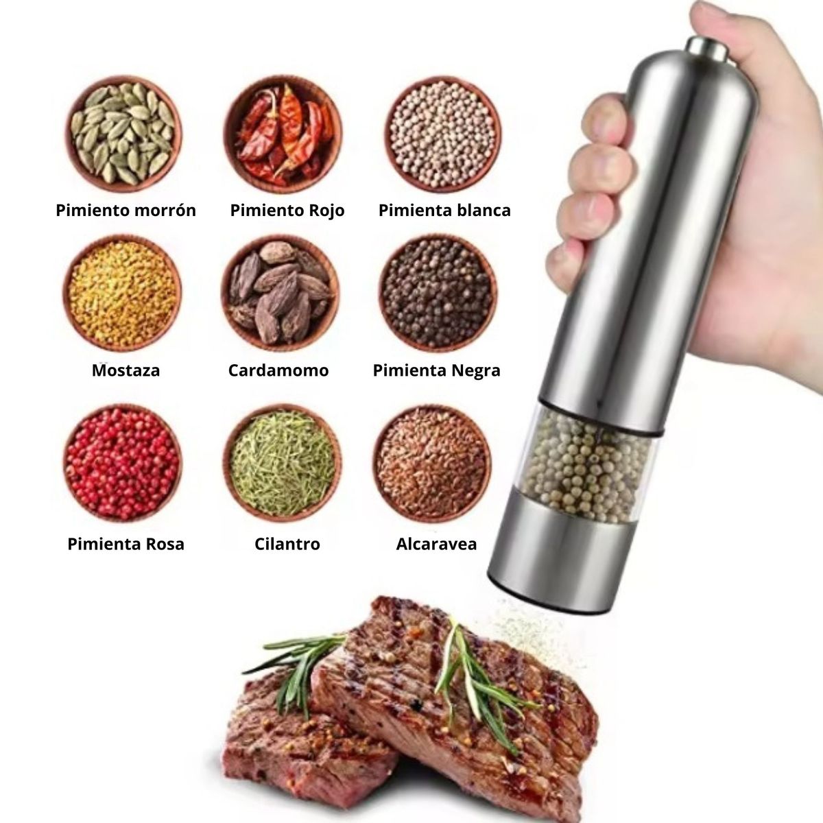 GENERICO - Molinillo Eléctrico para Sal y Pimienta de Acero Inoxidable