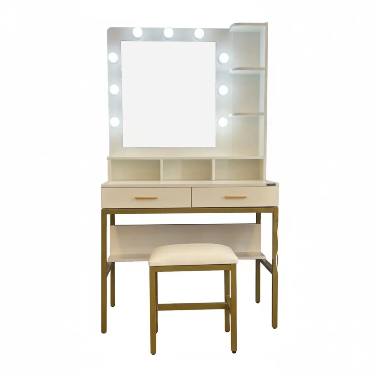 AGUILA - Tocador Hollywood Glow con Iluminación  LED, Banquillo, Repisas y Espejo Rectangular - Blanco