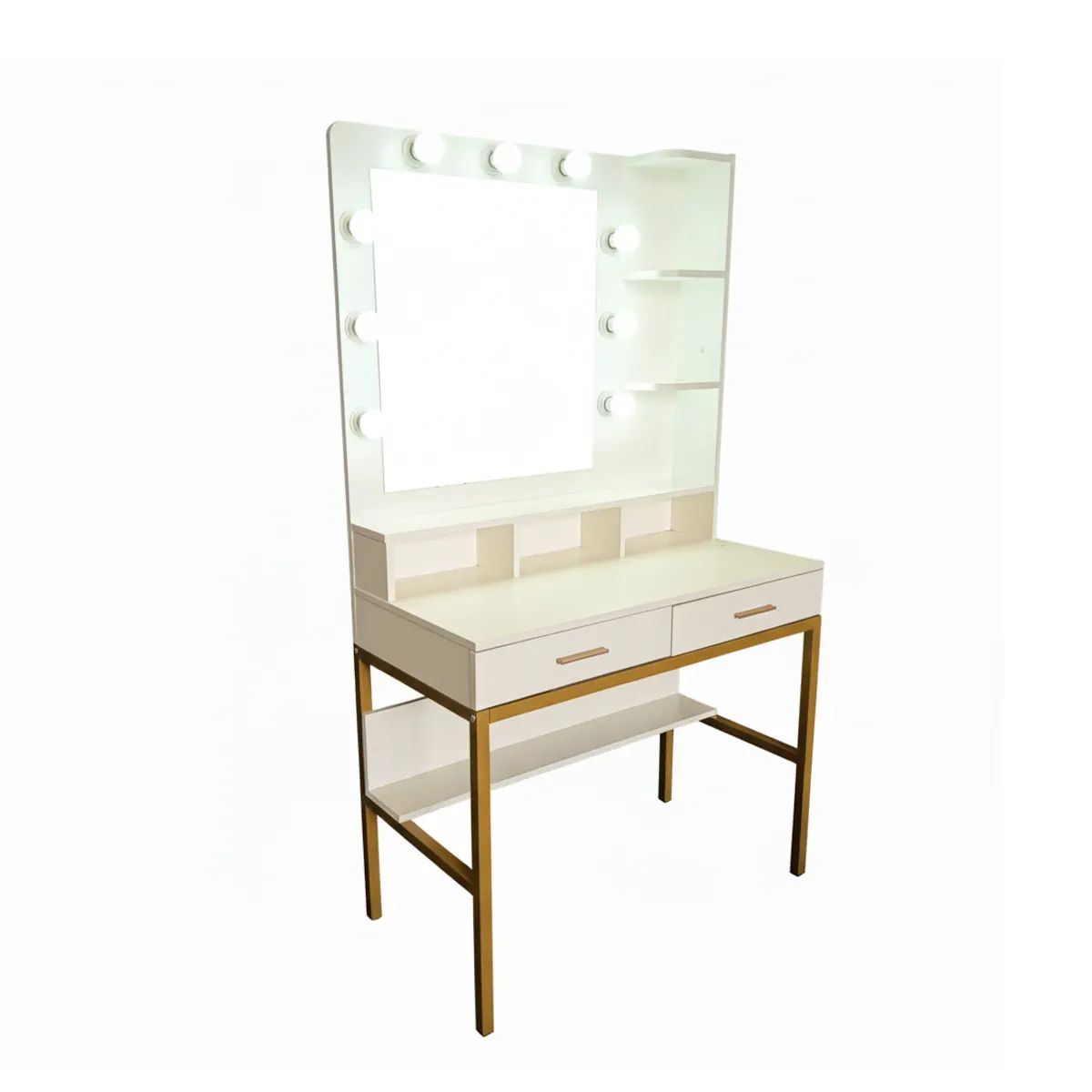 AGUILA - Tocador Hollywood Glow con Iluminación  LED, Banquillo, Repisas y Espejo Rectangular - Blanco