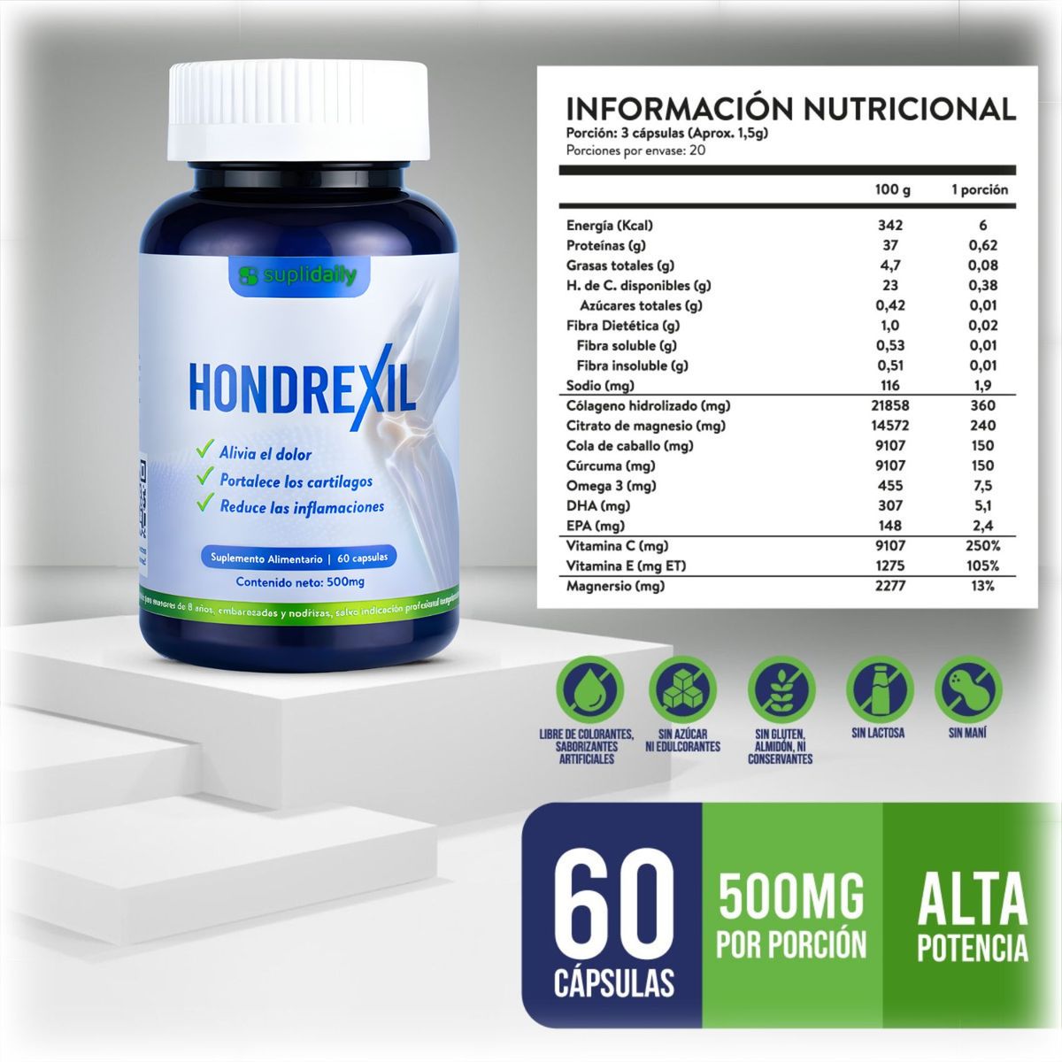SUPLIDAILY - Hondrexil Suplemento Articulaciones 60 Caps Alivio Natural
