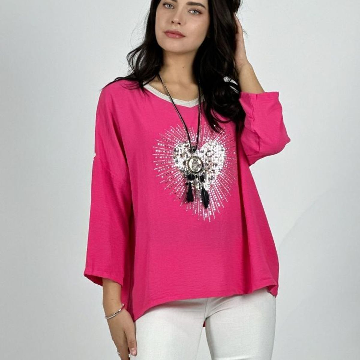 ENIGMATICA BOUTIQUE - Polera Lino Corazon Print Con Brillos