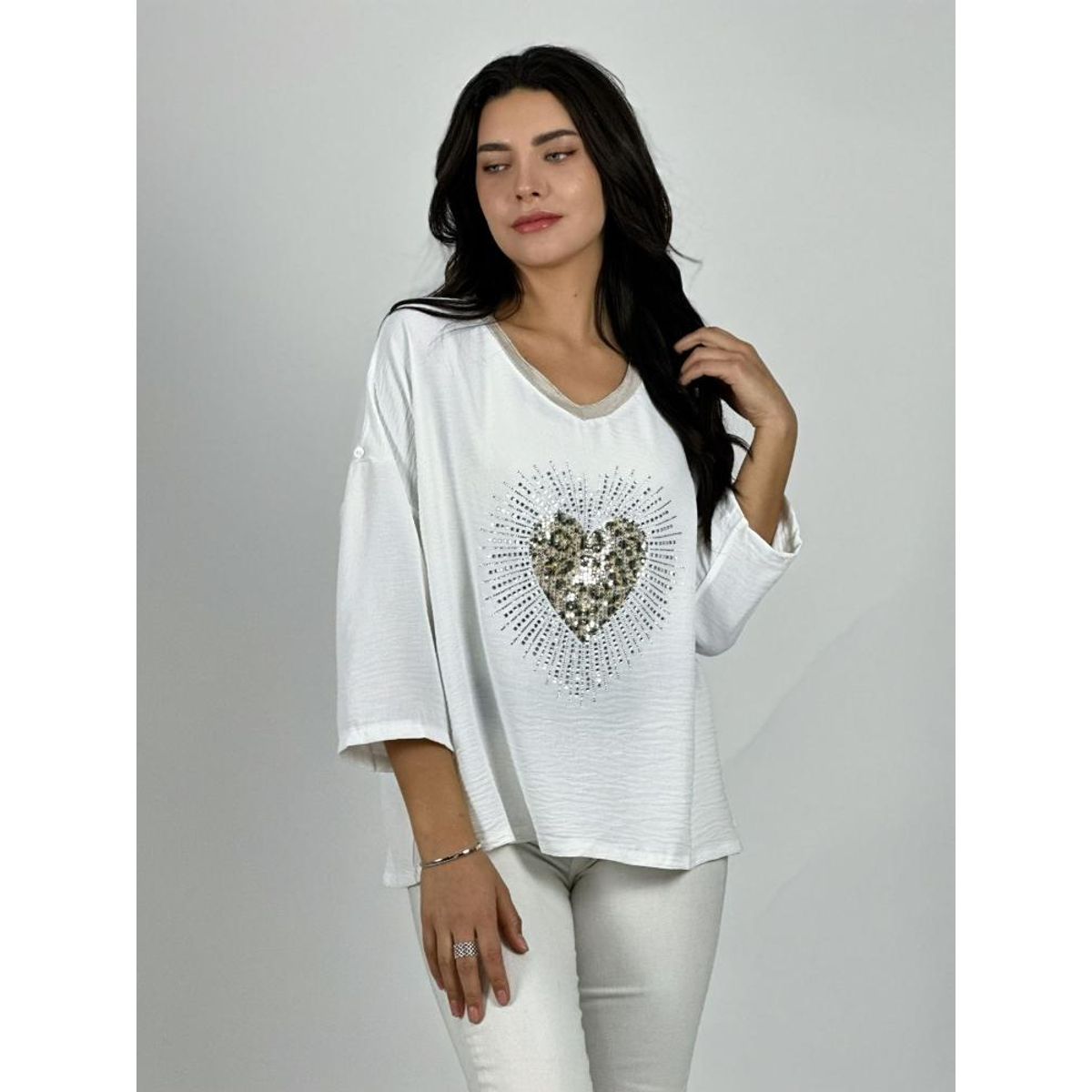 ENIGMATICA BOUTIQUE - Polera Lino Corazon Print Con Brillos