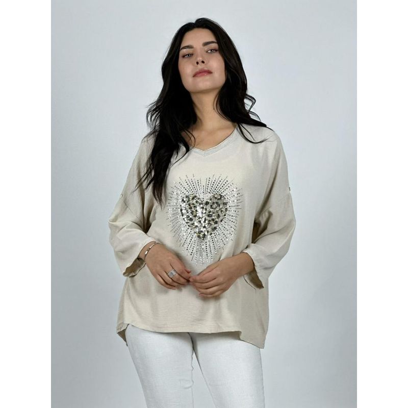ENIGMATICA BOUTIQUE - Polera Lino Corazon Print Con Brillos