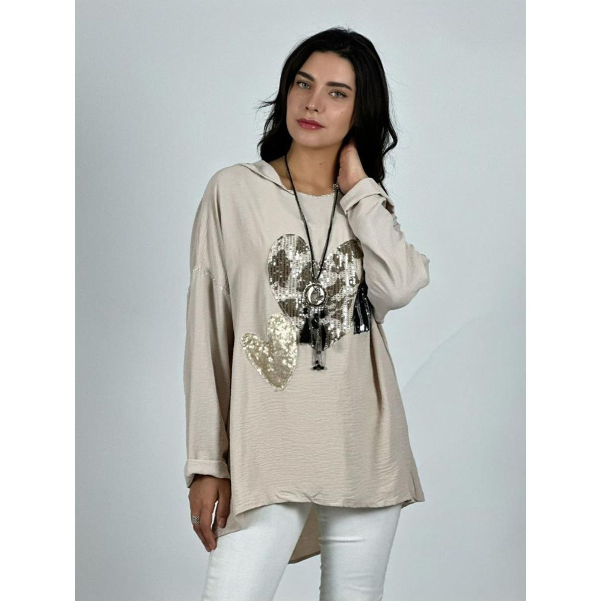 ENIGMATICA BOUTIQUE - Polera Crepé Triple Corazon Lentejuelas