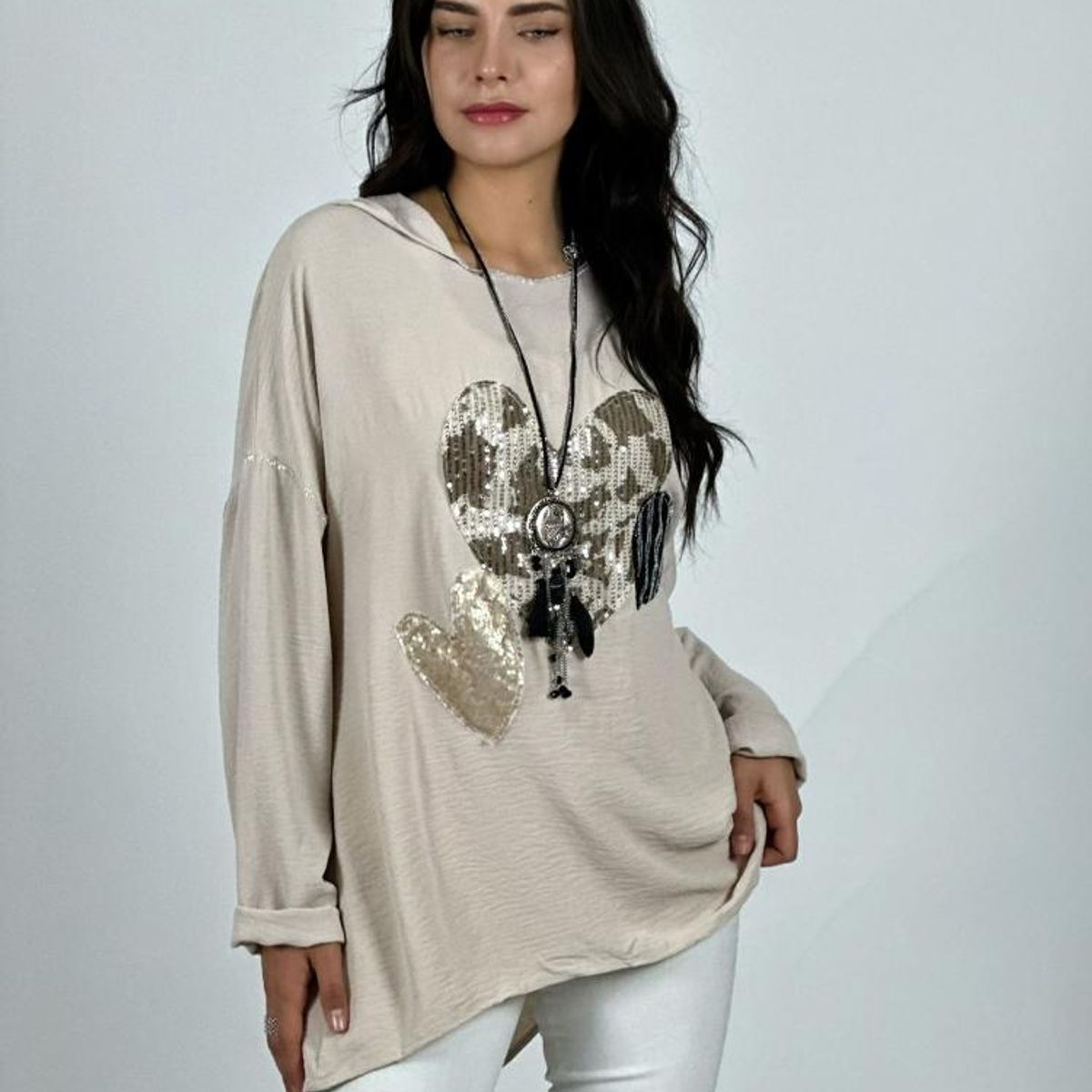 ENIGMATICA BOUTIQUE - Polera Crepé Triple Corazon Lentejuelas