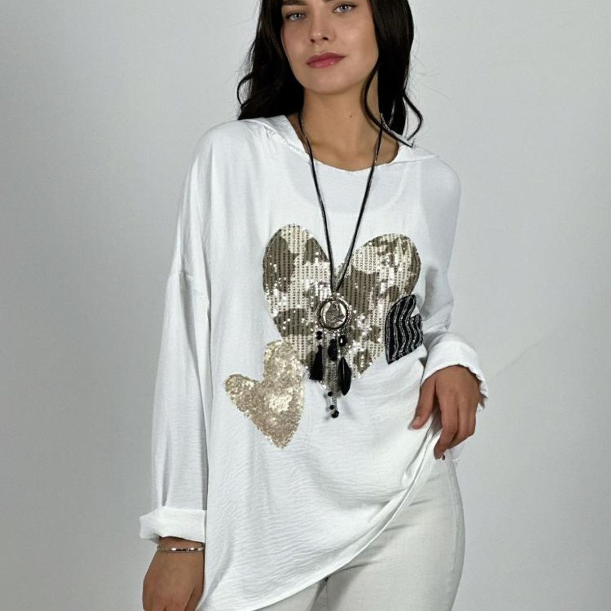 ENIGMATICA BOUTIQUE - Polera Crepé Triple Corazon Lentejuelas