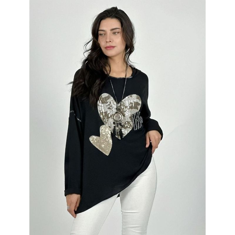 ENIGMATICA BOUTIQUE - Polera Crepé Triple Corazon Lentejuelas