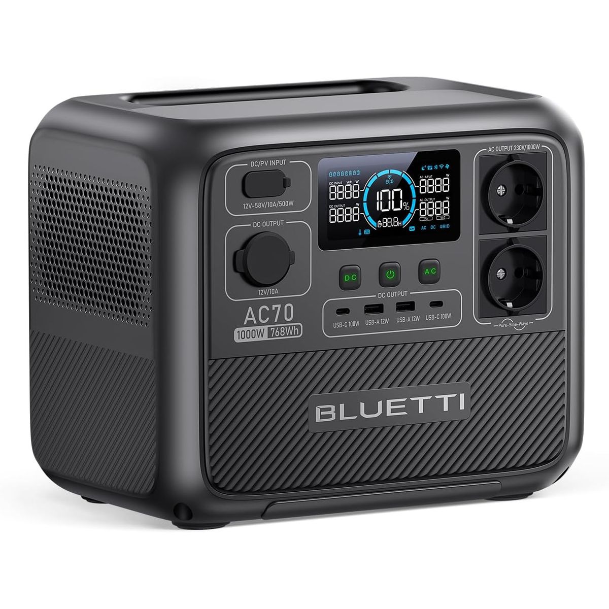 BLUETTI - BLUETTI AC70 Generador Solar 1000W 768Wh ,  Estación De Energía  para Viajes,Acampar, Fuera ,Deportes ,Cortes de Energía