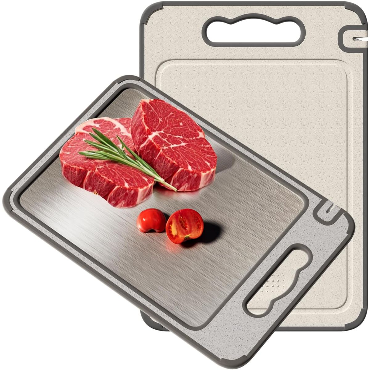 KUANGYE - Tabla Cortar Acero Inoxidable Y Paja Trigo PP Doble Cara Antiarañazos