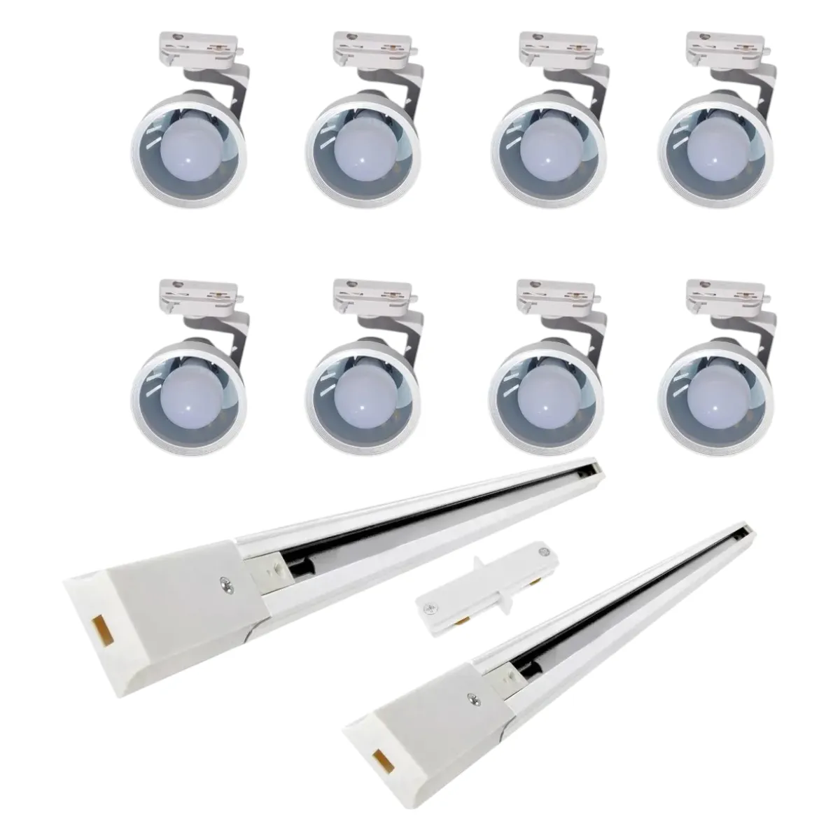 WANT - Lámpara 8 Focos Blancos Par30 con Ampolleta 15W Luz Fría más 2 Riel de 1mt y Unión