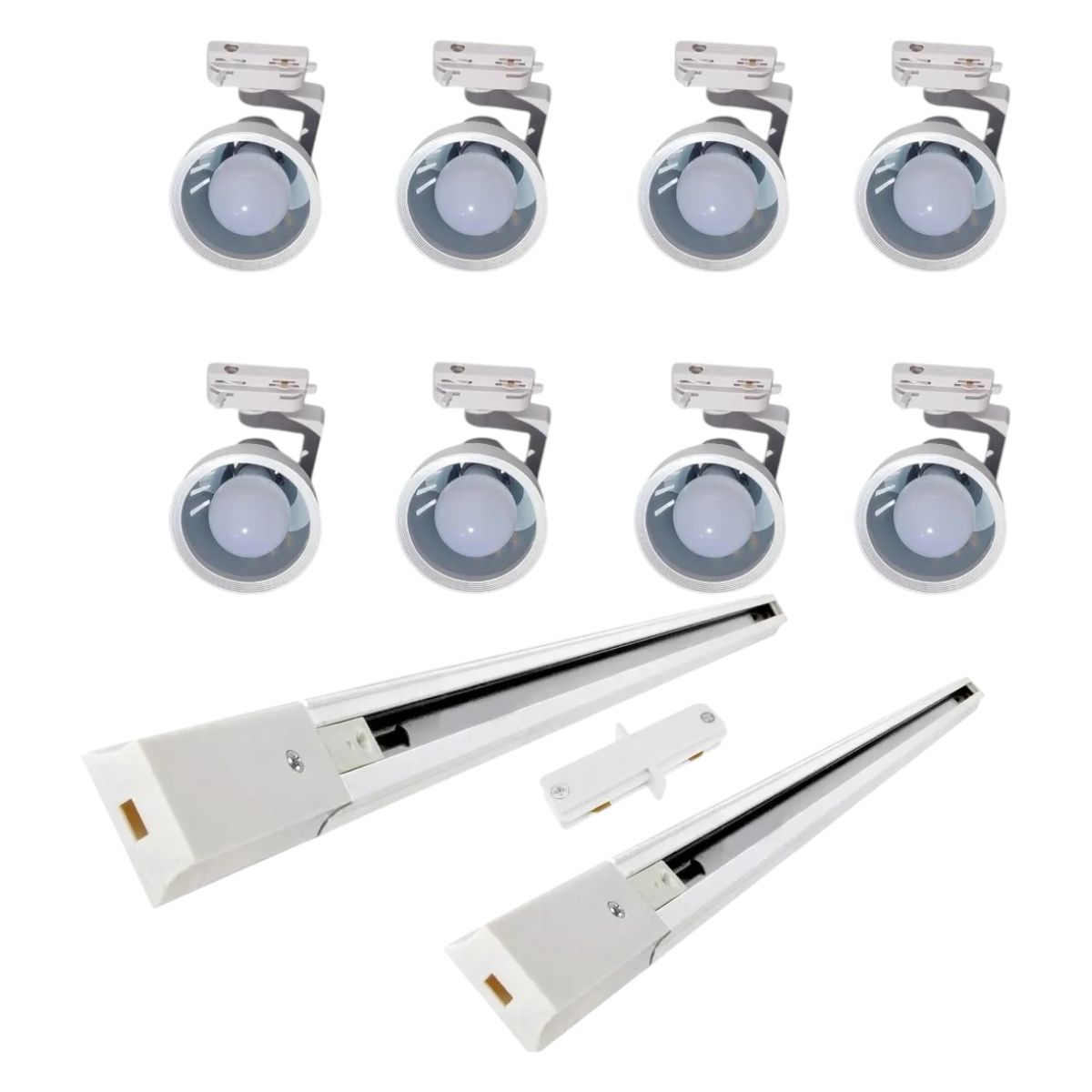 WANT - Lámpara 8 Focos Blancos Par30 con Ampolleta 15W Luz Fría más 2 Riel de 1mt y Unión