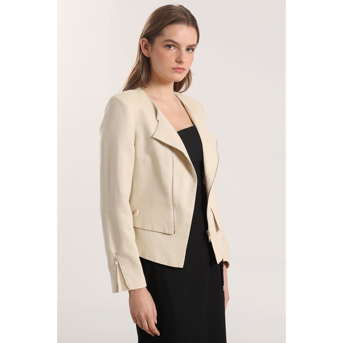 LIOLA - Chaqueta biker lino Liola mujer beige