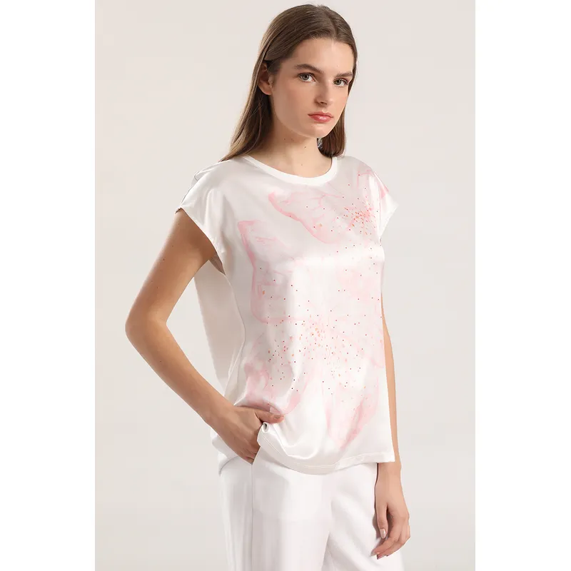 LIOLA - Polera satín estampado y strass liola mujer crudo