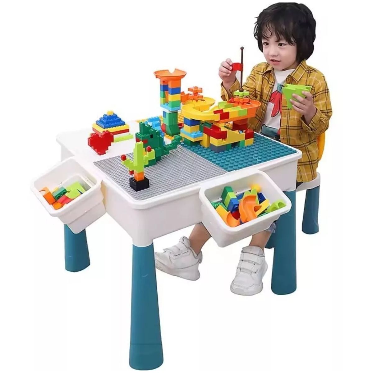 MOVI - Mesa de Juego con Silla + 102 Piezas de Bloques Tipo LEGO – Infantil