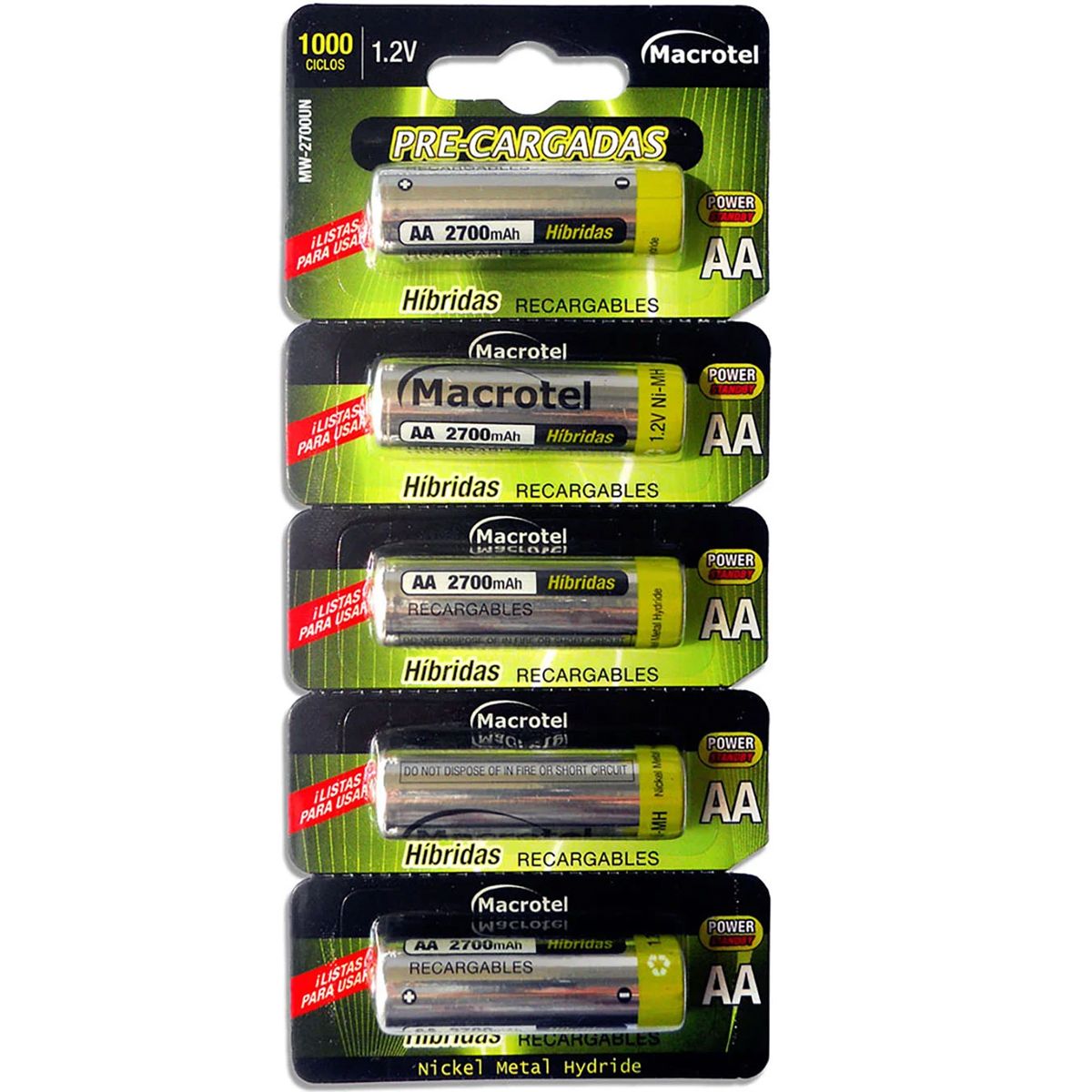 MACROTEL - PILAS RECARGABLES AA, 5 UNIDADES, 2700 MAH, MACROTEL