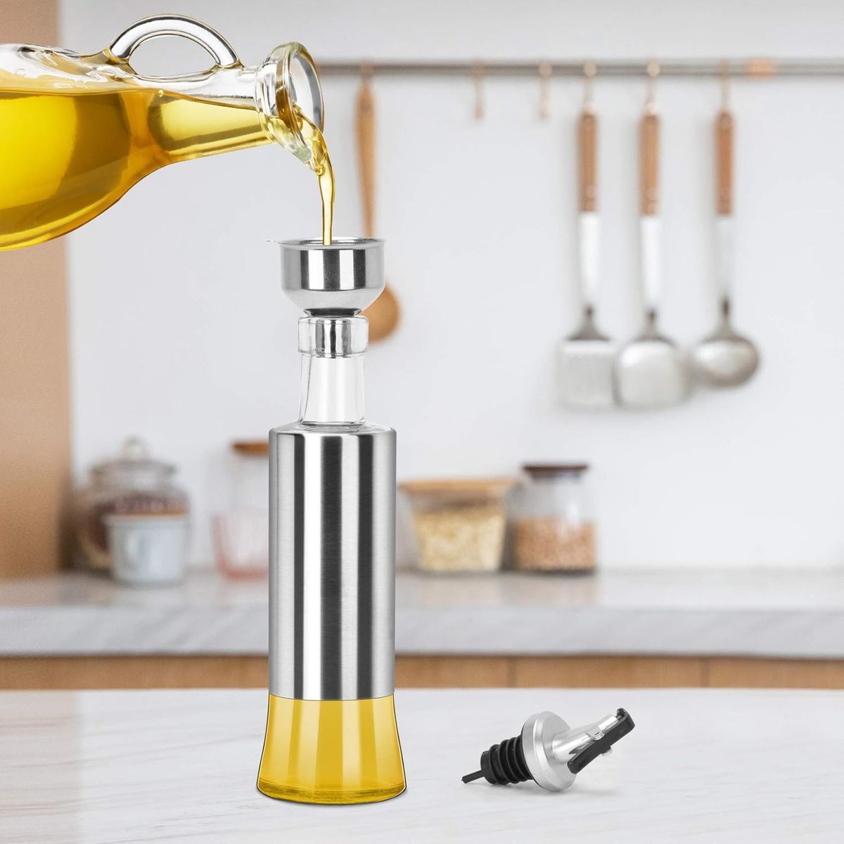 WAKESHOME - Elegante Dispensador de Aceite y Vinagre 500 ml - Vidrio Transparente con Vertedor Premium