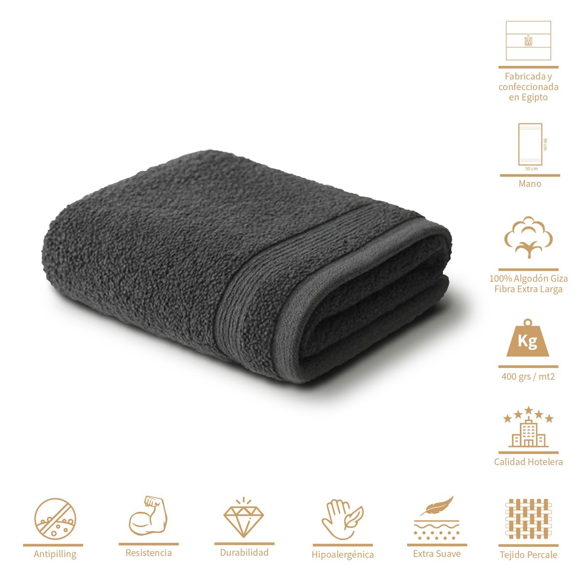 LE NUIT - Toalla de Mano 400 Gramos Algodón Egipcio Gris Pizarra