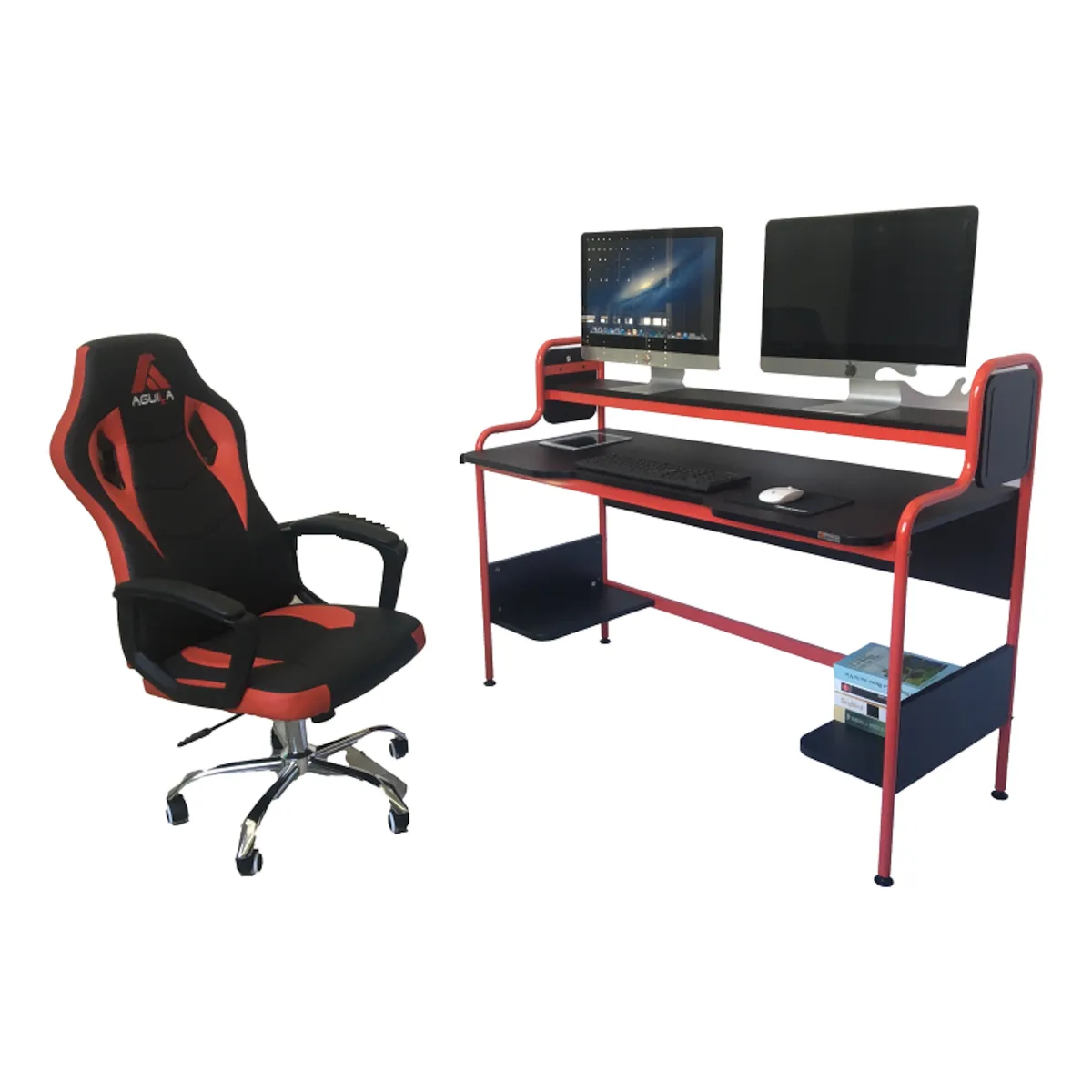 AGUILA - Escritorio Gamer S1920 Pro con Doble Altura con Repisa para Monitor y CPU - Negro y Rojo
