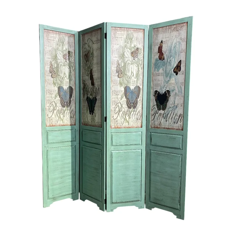 GENERICO - Separador de Ambientes de 4 Paneles con Diseño Floral y Mariposas