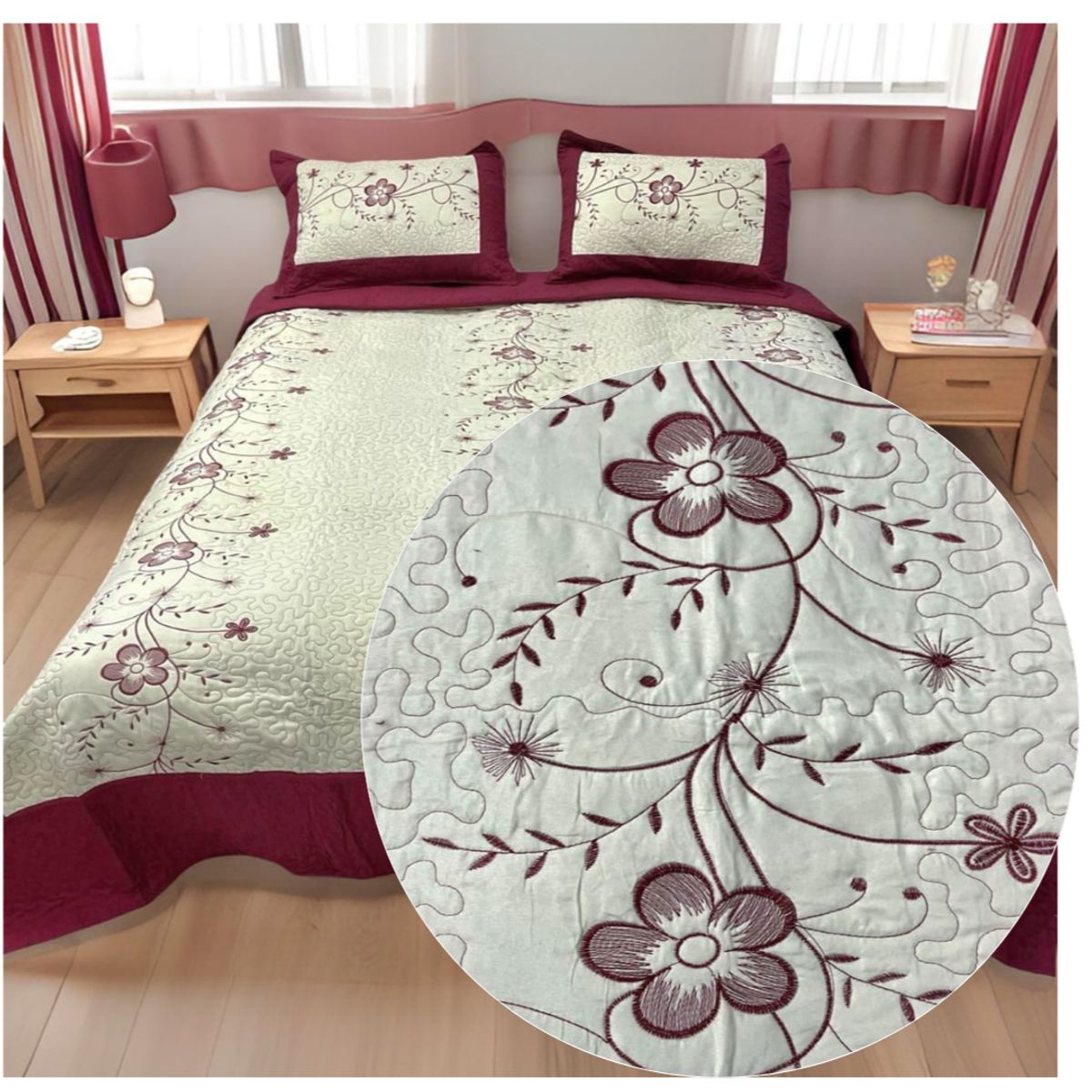 GENERICO - Cubrecama Verano Delgado Quilt Diseño Bordado 1.5