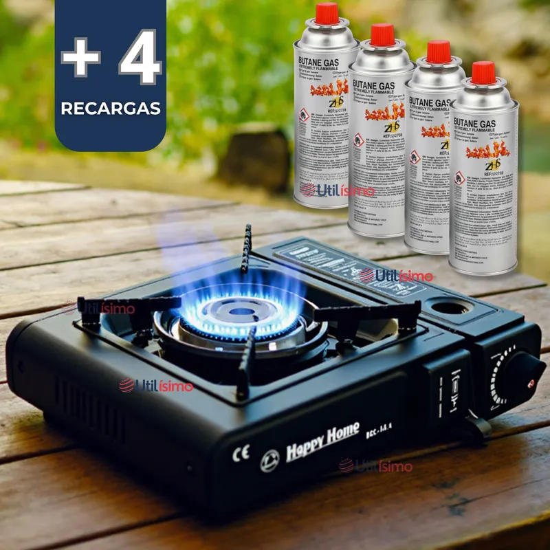 LINE - Cocina Portátil con Maletin+Pack 4 Cartuchos Gas Butano 220g