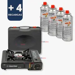 LINE - Cocina Portátil con Maletin+Pack 4 Cartuchos Gas Butano 220g