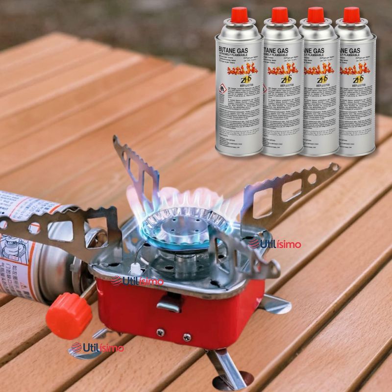 LINE - Mini Estufa A Gas Portátil+Pack 4 Cartuchos Gas Butano 220g