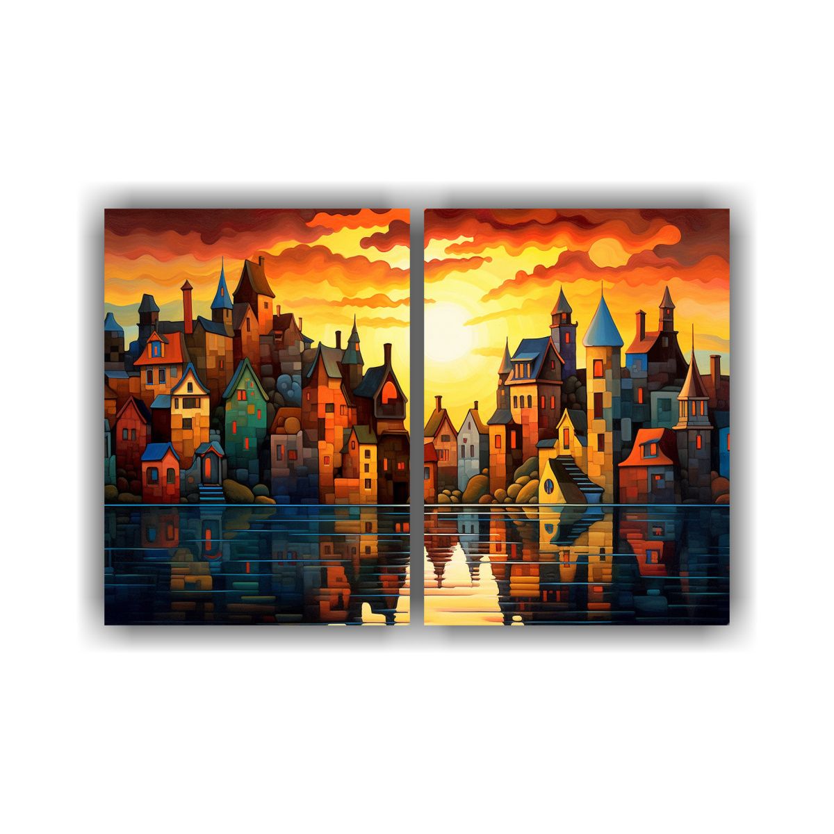 GENERICO - Pintura Paisaje Colorido Pueblo Al Atardecer 60x45 Cm