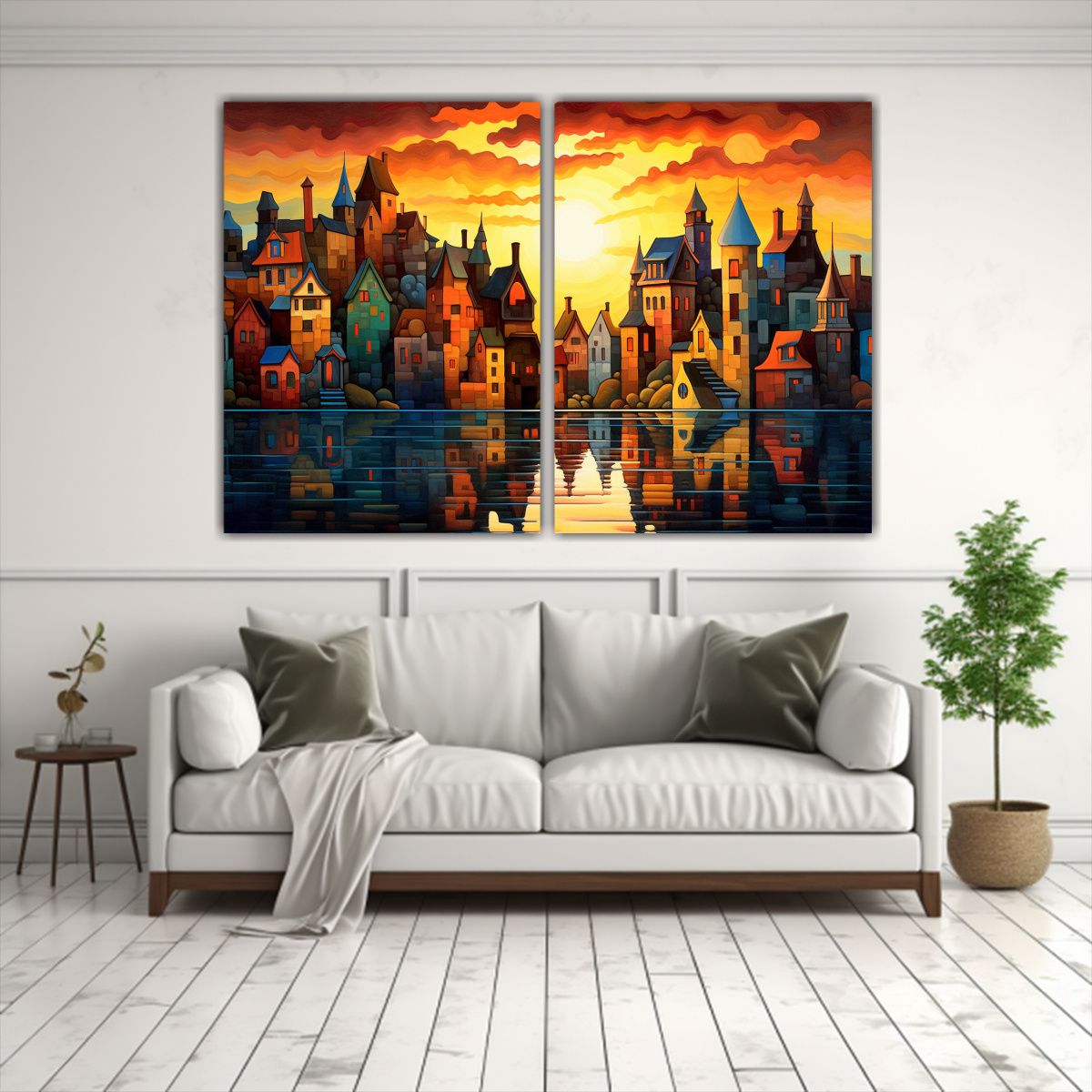 GENERICO - Pintura Paisaje Colorido Pueblo Al Atardecer 60x45 Cm