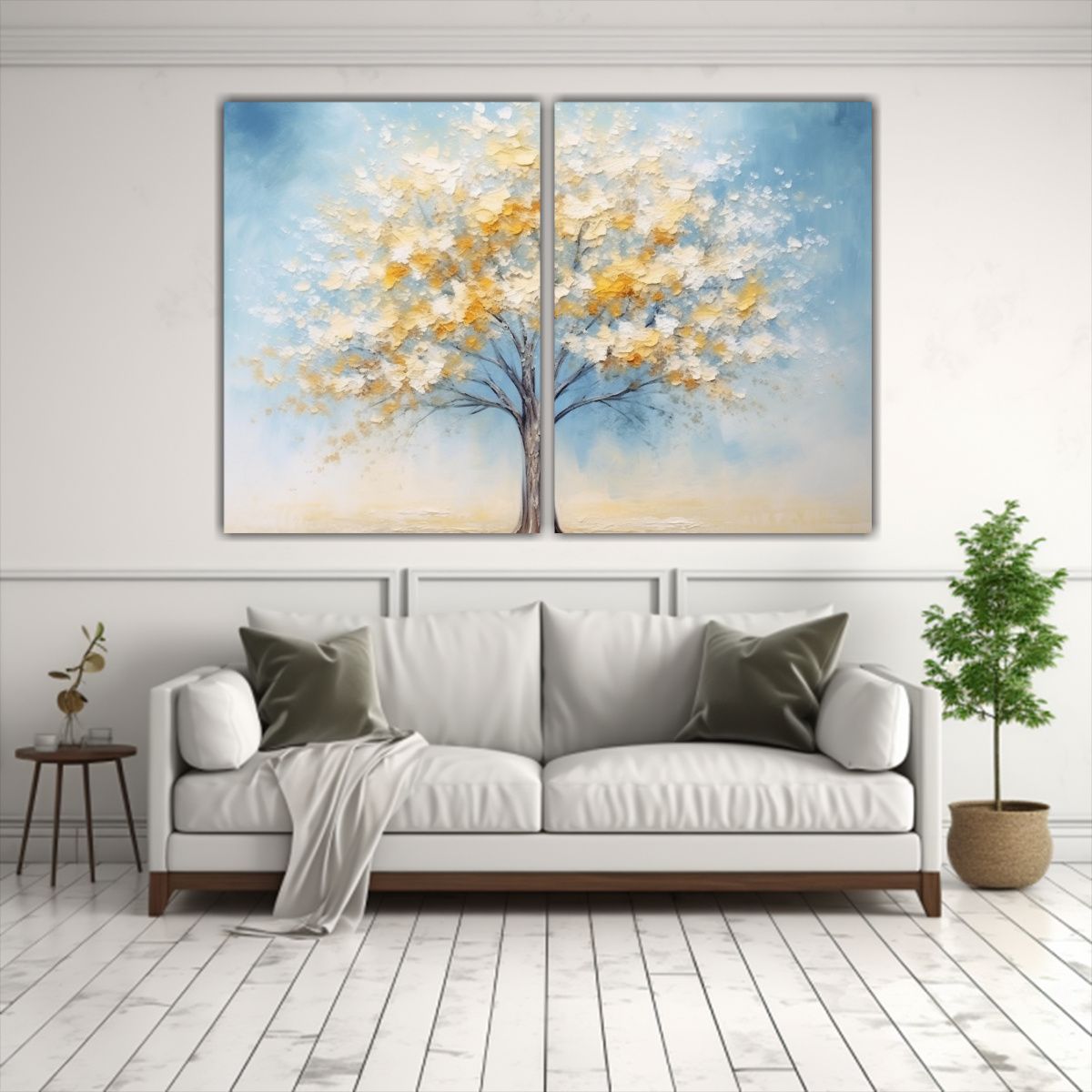 GENERICO - Cuadro Azul Con árbol Amarillo Set 2 Lienzos 60x45 Cm
