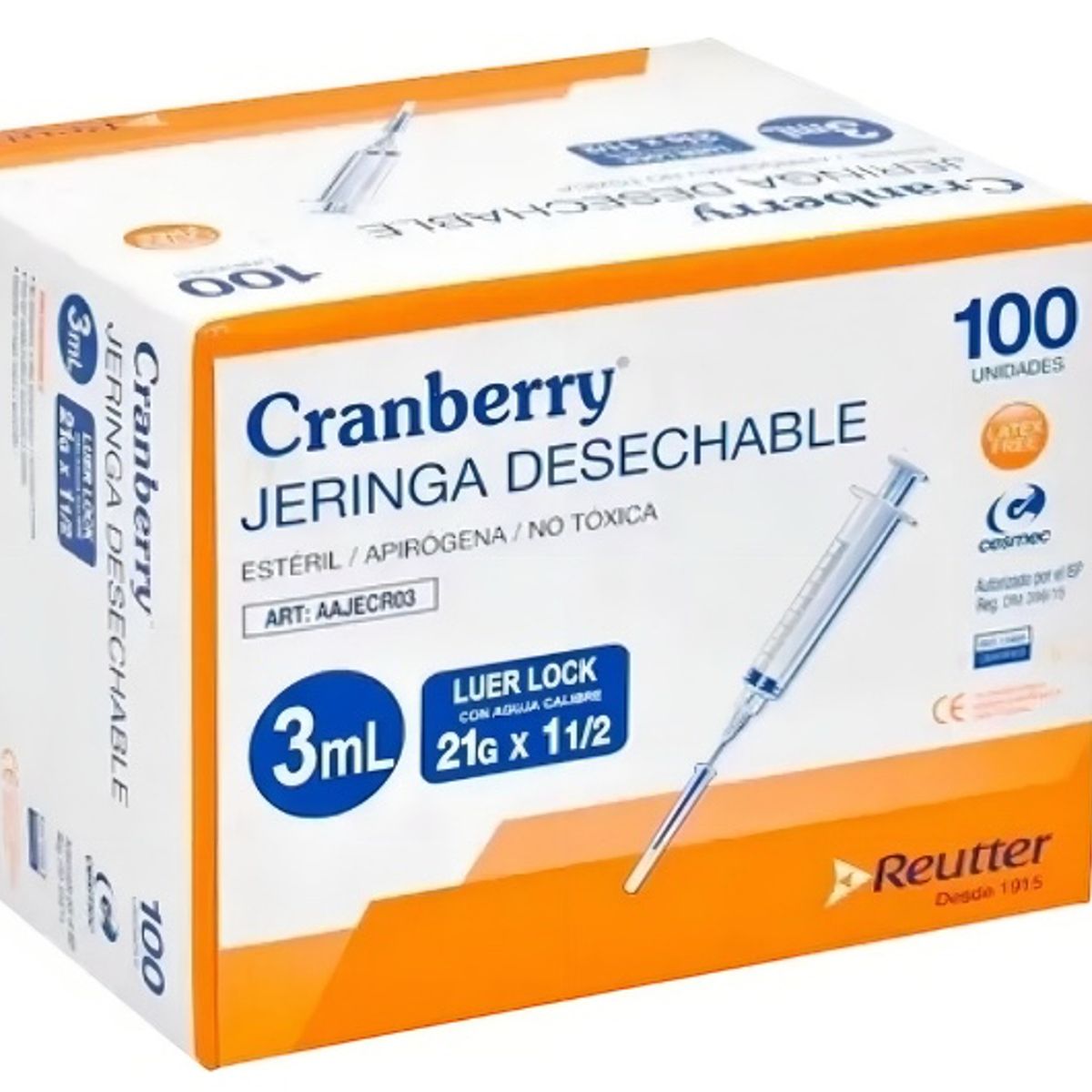 CRANBERRY - Jeringa Desechable Luer Lock 3cc 21g X 1 1/2 Caja 100 Unid.