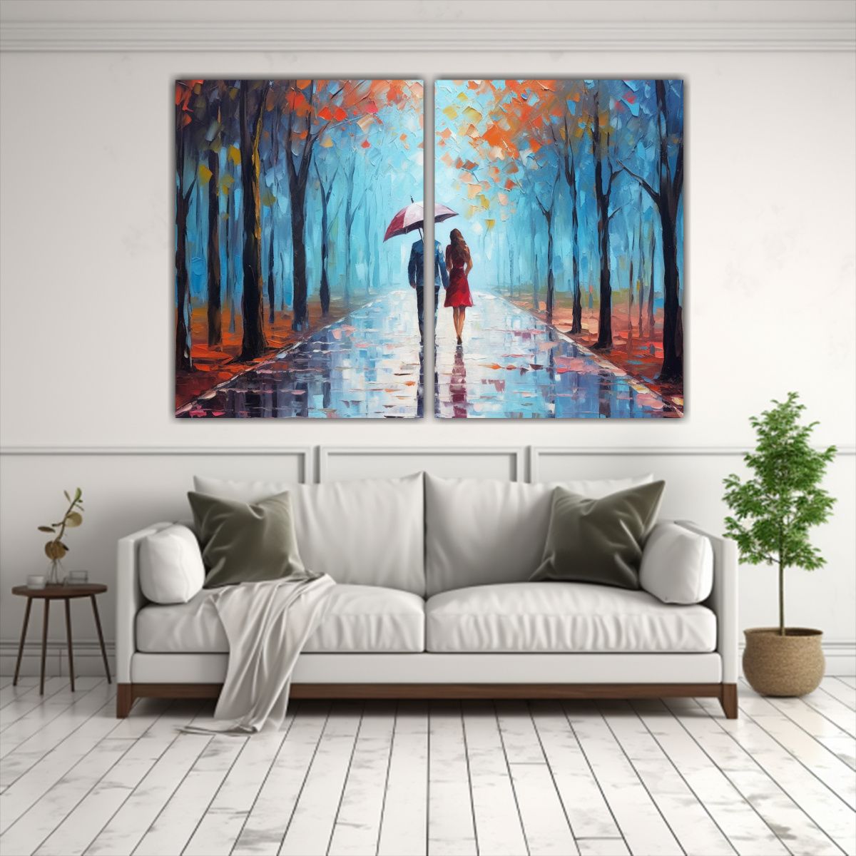 GENERICO - Pareja Con Paraguas Caminando Bajo La Lluvia En 60x40 Cm