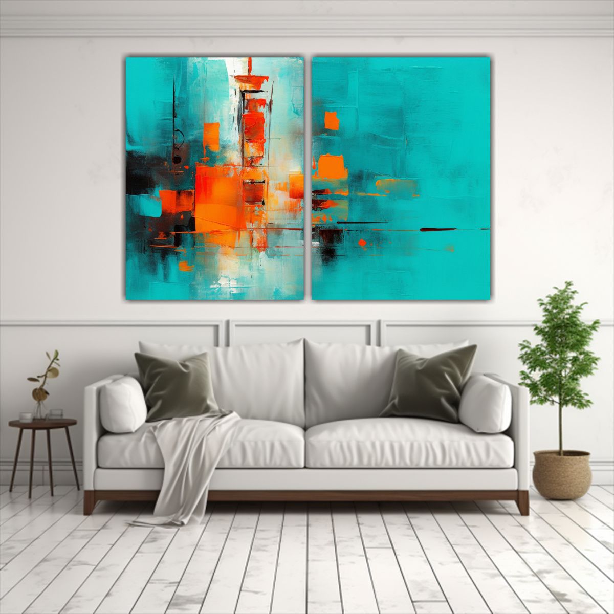 GENERICO - Cuadro Abstracto Con Torre Naranja Y Turquesa 60x40 Cm