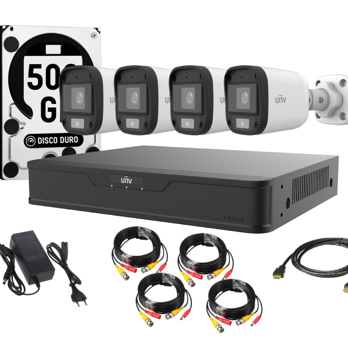 UNIVIEW - Kit 4 Camaras Bala Uniview Colorhunter 1080p App Movil Audio 500gb