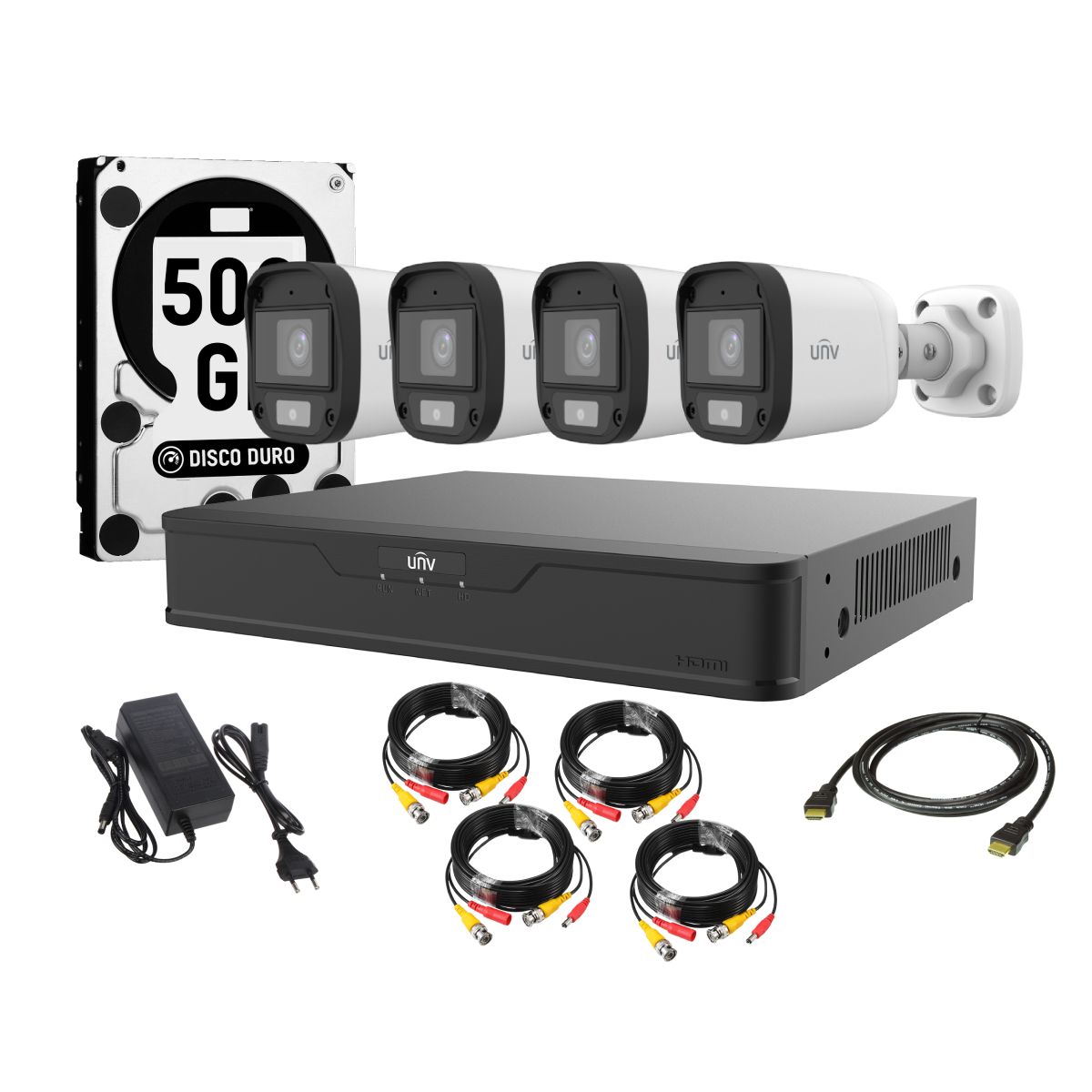 UNIVIEW - Kit 4 Camaras Bala Uniview Colorhunter 1080p App Movil Audio 500gb