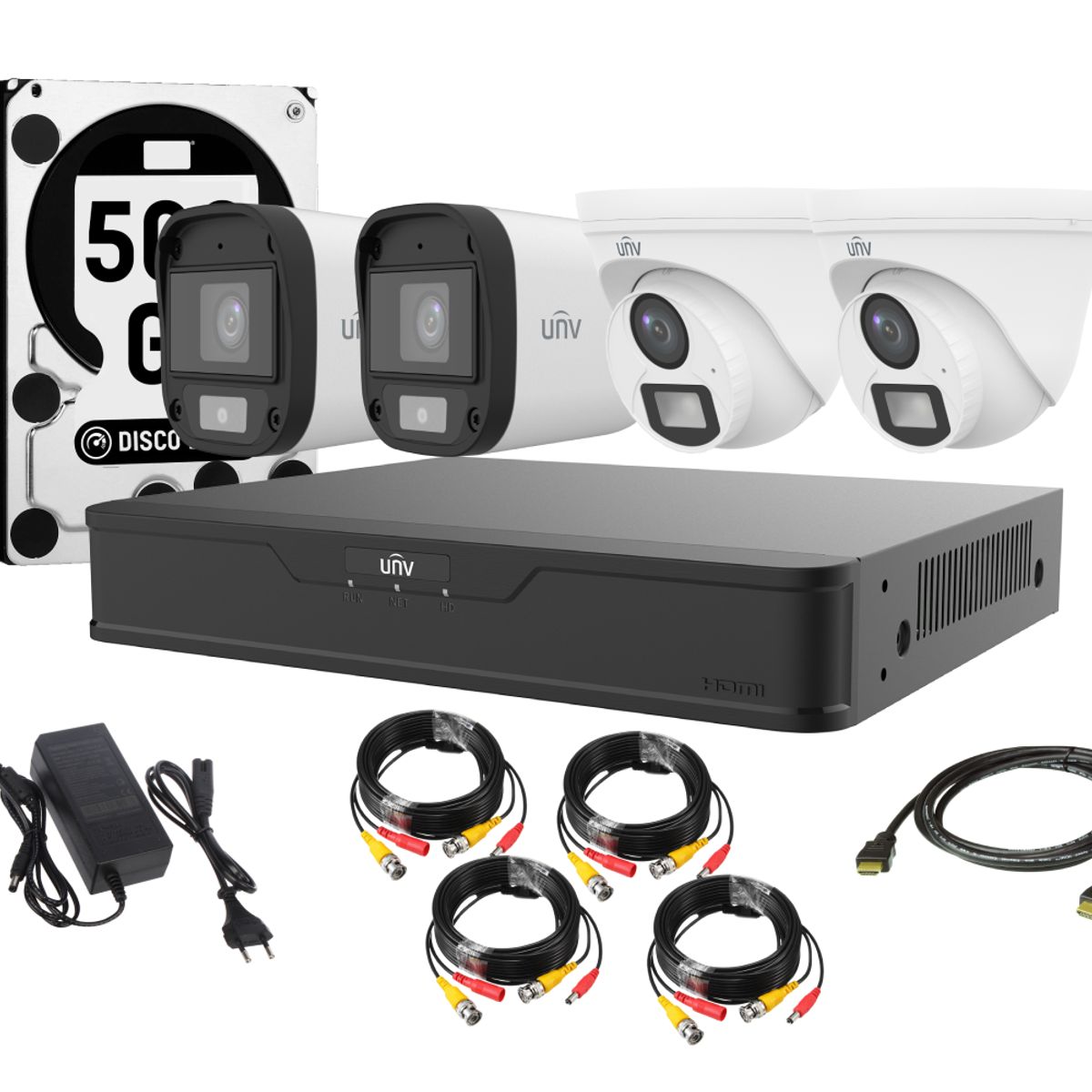 UNIVIEW - Kit 4 Camaras 4 Bala 2 Domo Uniview Colorhunter 1080p App Movil Audio 500gb