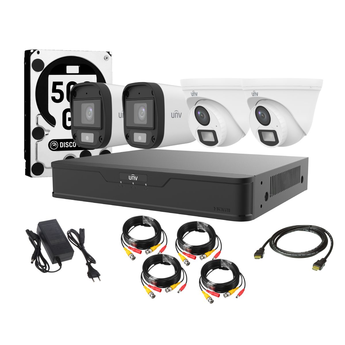 UNIVIEW - Kit 4 Camaras 4 Bala 2 Domo Uniview Colorhunter 1080p App Movil Audio 500gb
