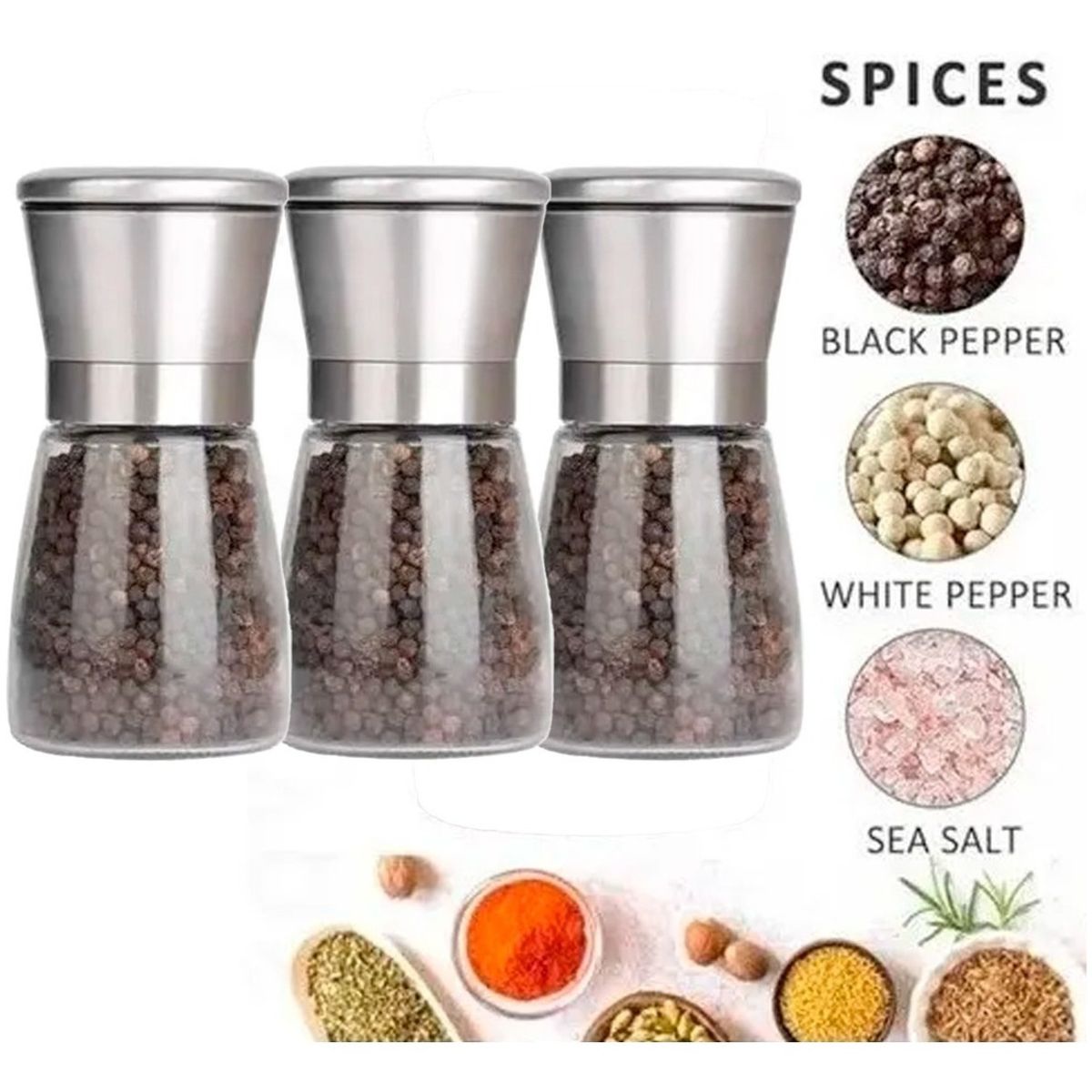 GENERICO - Pack 3 Molinillo Pimentero Salero Especias Vidrio