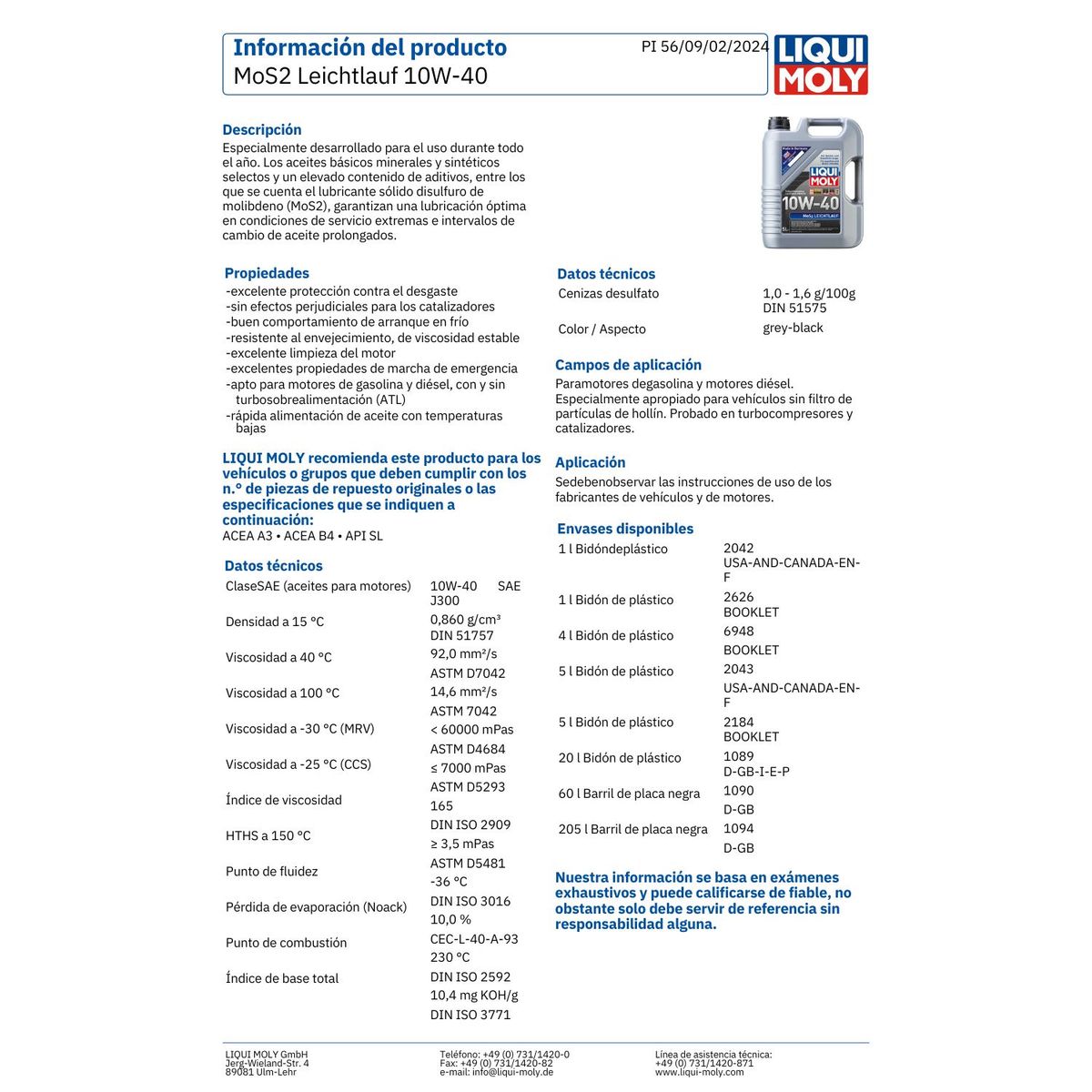 LIQUI MOLY - Aceite Motor 10w40 con Molibdeno (Mos2) 5 Lts.