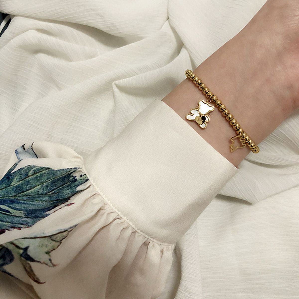 LUX JOYAS - Pulsera Baño Oro Amarillo 18k Pelotitas Osito Nácar