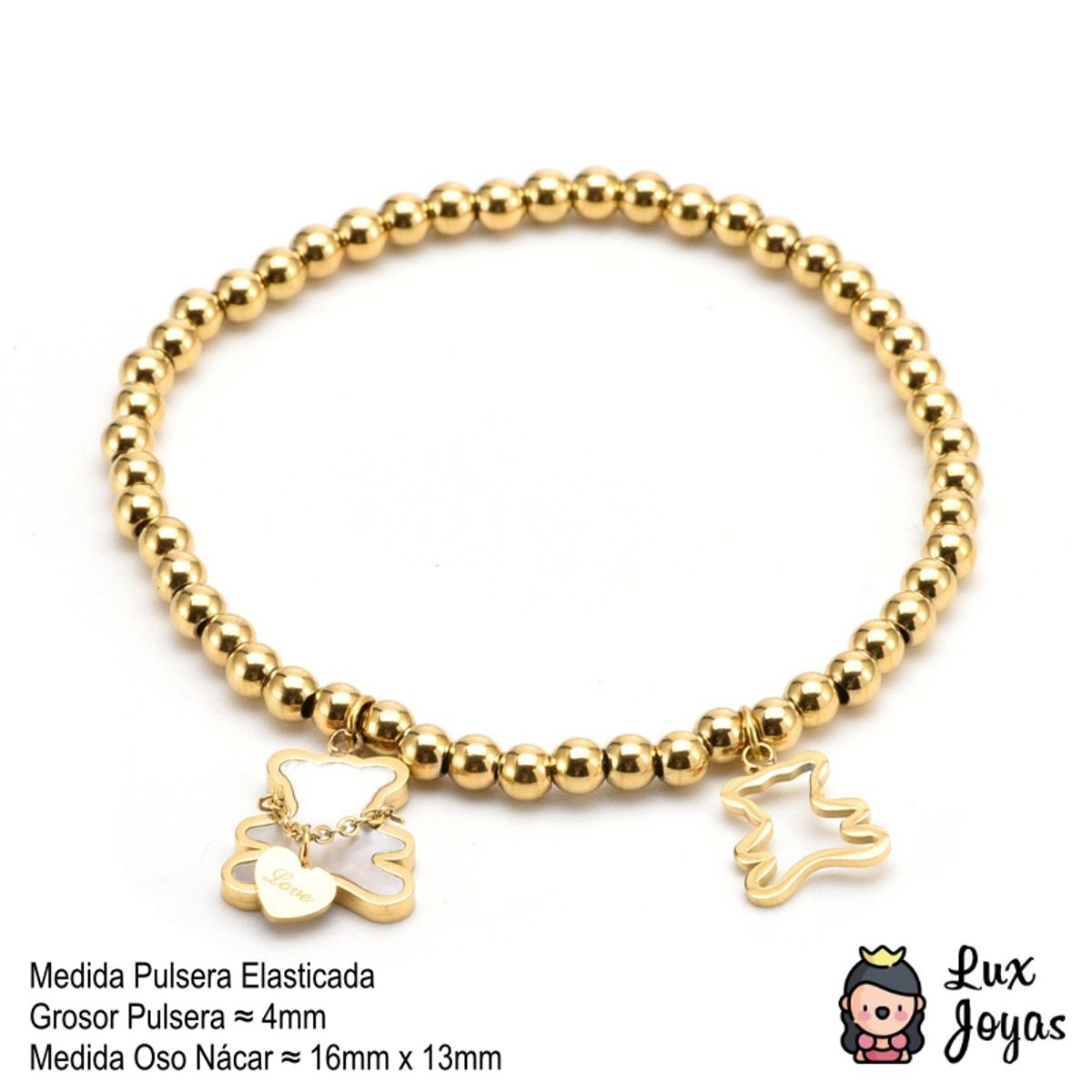 LUX JOYAS - Pulsera Baño Oro Amarillo 18k Pelotitas Osito Nácar