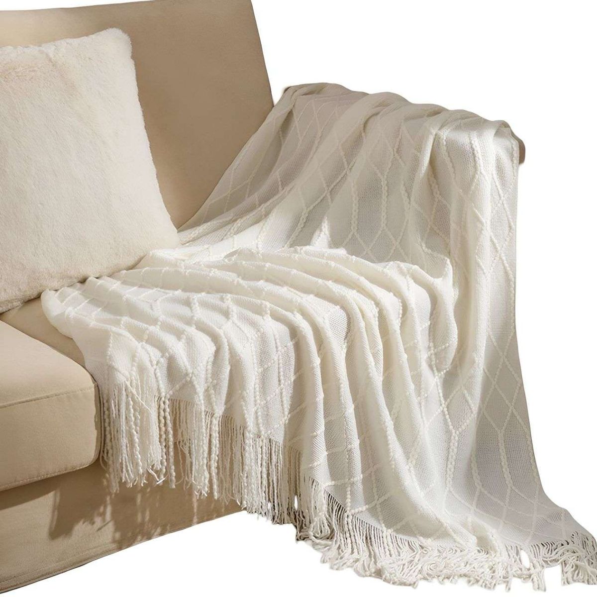 GENERICO - Manta Decorativa para sofas camas con Flecos 127x152 cm Blanco